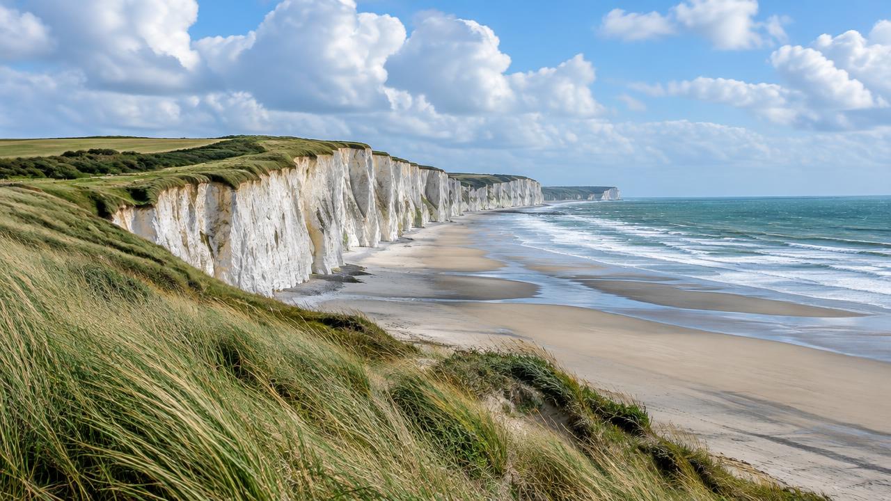 Chalk cliffs above a wide beach on the Opal Coast