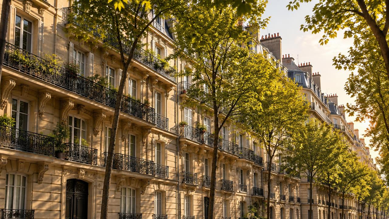 Parisian apartment buildings along a tree-lined boulevard
