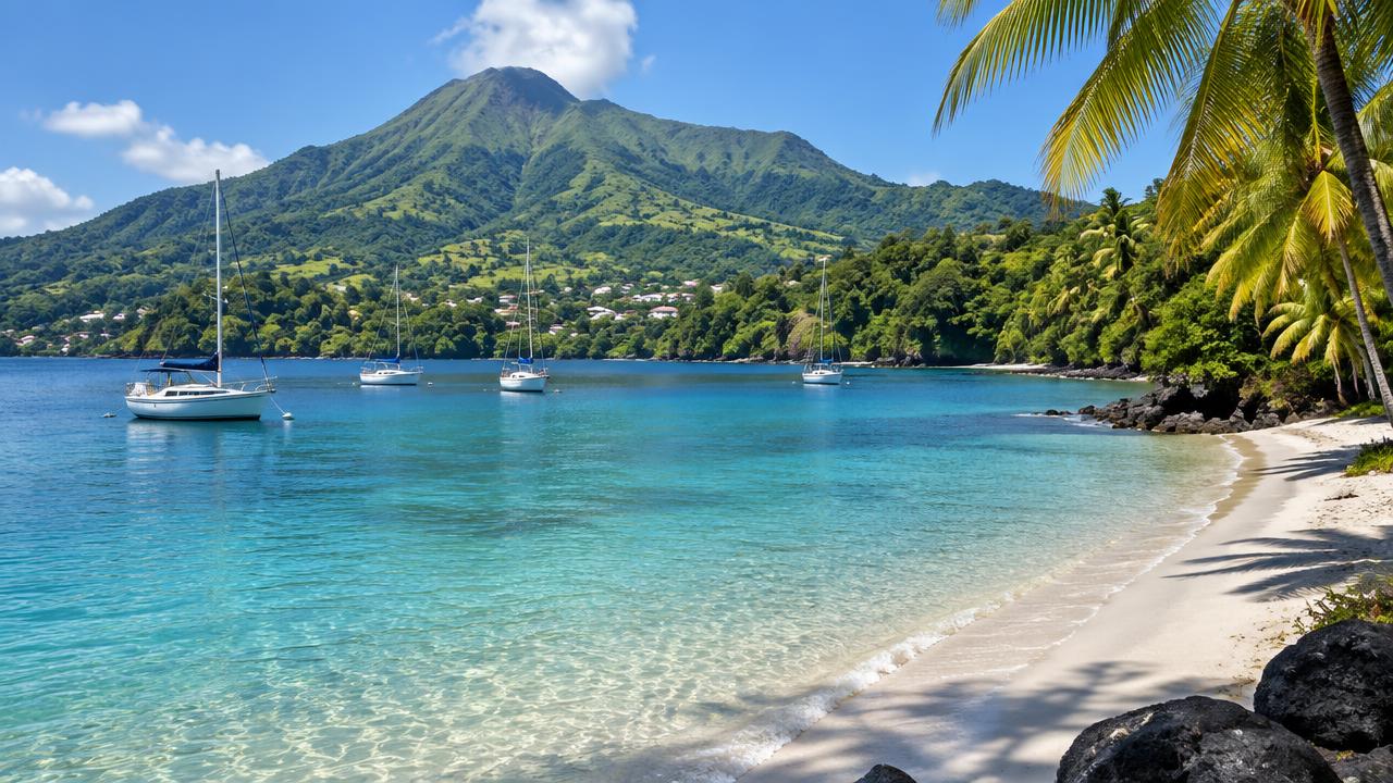 Sandy bay with sailing boats in Martinique