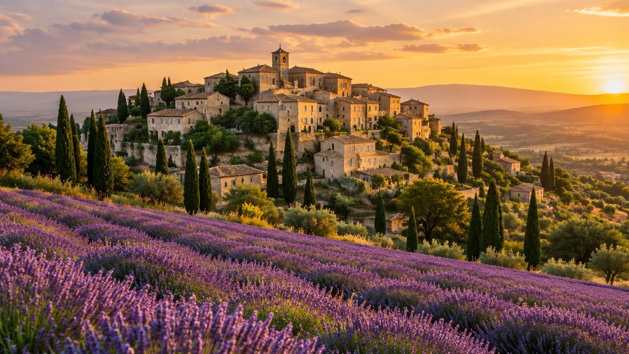 Stone hilltop village surrounded by lavender fields in Provence